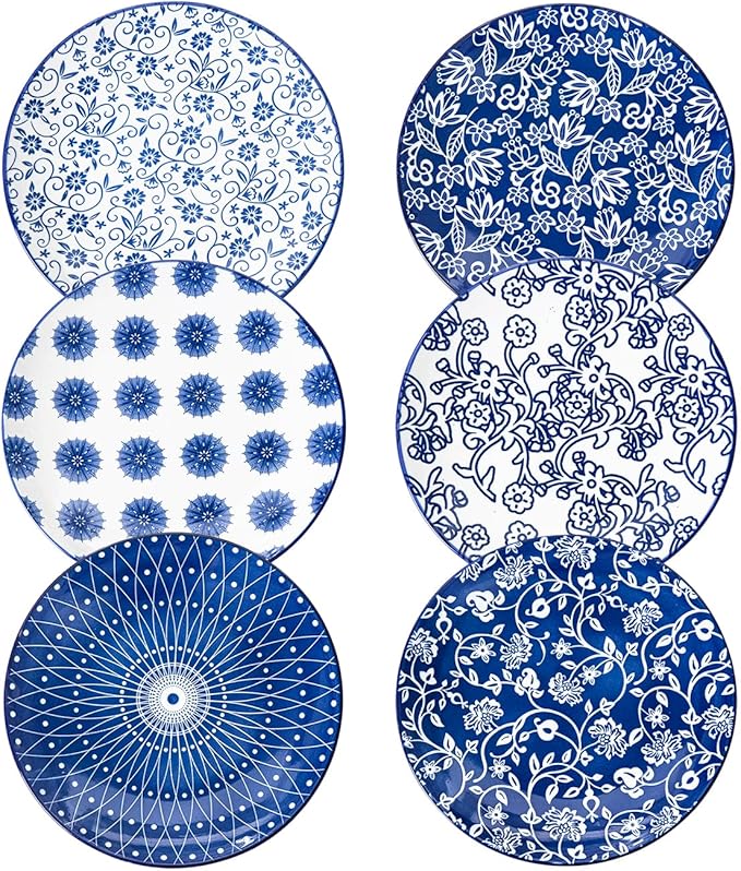 Ceramic Salad Plates Set - 8.5 Inch Small Round Dessert Dishes for Kitchen Dinner Pasta Appetizer Sandwich - Scratch Resistant Porcelain Microwave Oven Dishwasher Safe - Set of 6 - Vintage Blue