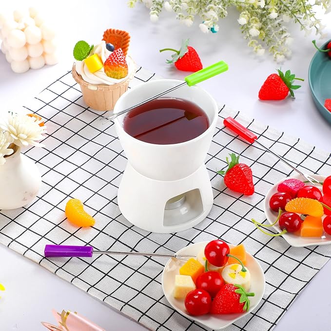 Mudder 8 Pcs Mini Fondue Pot Set with 32 Color Coded Forks Porcelain Tea Light Melting Mugs for Chocolate Cheese and Dessert Small Fondue Pot Set for Christmas Valentine's Parties Tapas Gifting