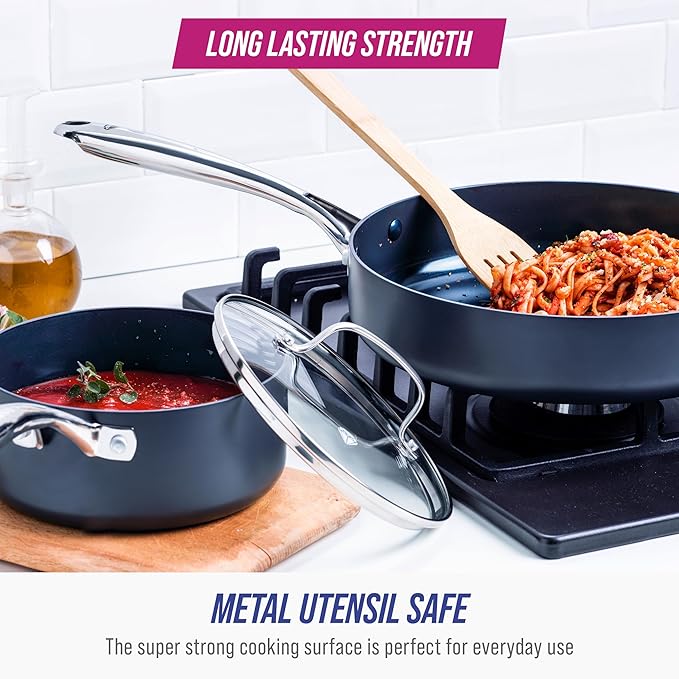 Blue Diamond Cookware Hard Anodized Ceramic Nonstick, 10 Piece Cookware Pots and Pans Set, Non-Toxic PFAS-Free, Dishwasher and Oven Safe, Durable, Even Heating, Metal Utensil Safe, Gray