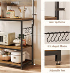 SUPERJARE Bakers Rack with Power Outlets, Microwave Stand, 31.5 X 16.5 Inch Larger Desktop, Kitchen Storage Rack with Adjustable Middle Shelf, 6 S-Shaped Hooks, Coffee Bar Stand, Rustic Brown