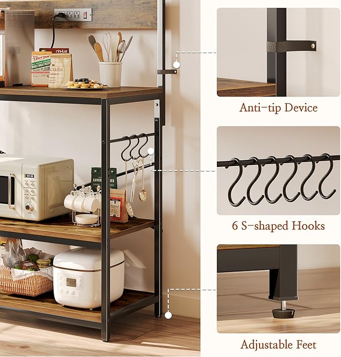 SUPERJARE Bakers Rack with Power Outlets, Microwave Stand, 31.5 X 16.5 Inch Larger Desktop, Kitchen Storage Rack with Adjustable Middle Shelf, 6 S-Shaped Hooks, Coffee Bar Stand, Rustic Brown