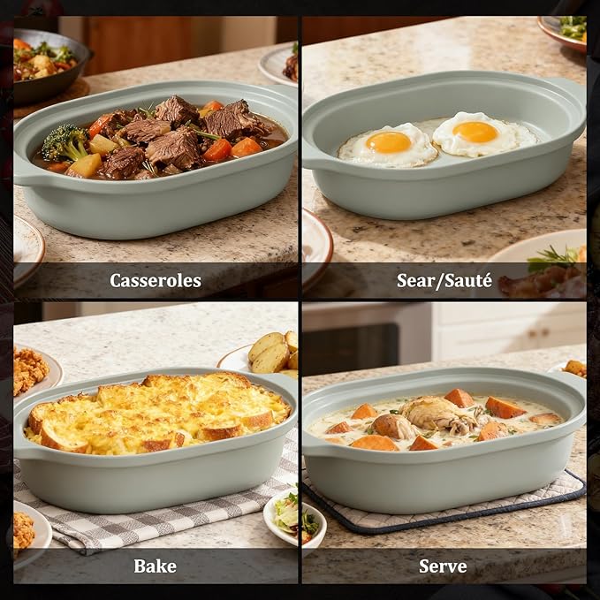 MAGNIFIQUE Casserole Dishes for Oven, 9x12 Porcelain Baking Dish, 4 Quarts Lasagna Pan with Handles and Lid, Oven Safe up to 500°F or on Stovetop, Use to Marinate, Cook, Bake, and Serve, Olive