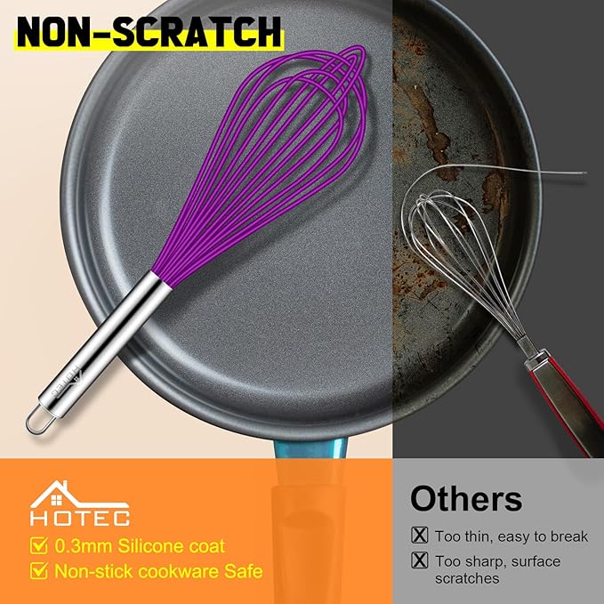 HOTEC 4 Pieces Silicone Whisks Set, Wire Balloon Whisks Egg Beater, Non-slip Handle Whisk for Non-stick Cookware Perfect for Cooking, Stirring, Beating and Blending (Purple)