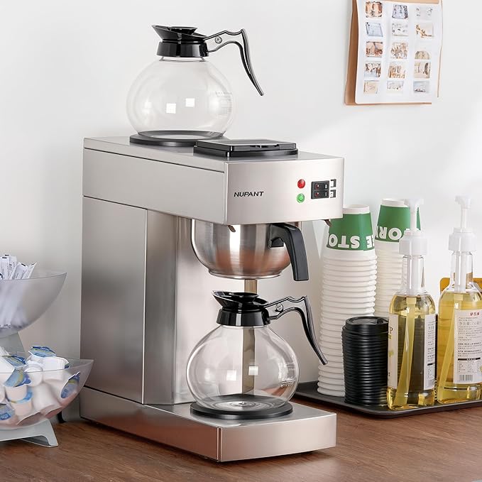 12-Cup Coffee Maker 1.8L Commercial Drip Coffee Maker Pour Over Coffee Machines with 2 Glass Carafes and 2 Warmers Plate Stainless Steel Coffee Brewer for Cofe Bar and Restaurant