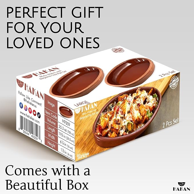 Hakan Bergama Handmade Oval Clay Pan Set of 2 | Terracotta Pans Glazed Inside | Casserole Dishes for Oven Baking | Traditional Earthenware Clay in Box, Large, 6.2 x 11.6 x 1.5-inch 25.3 Oz (750 cc)