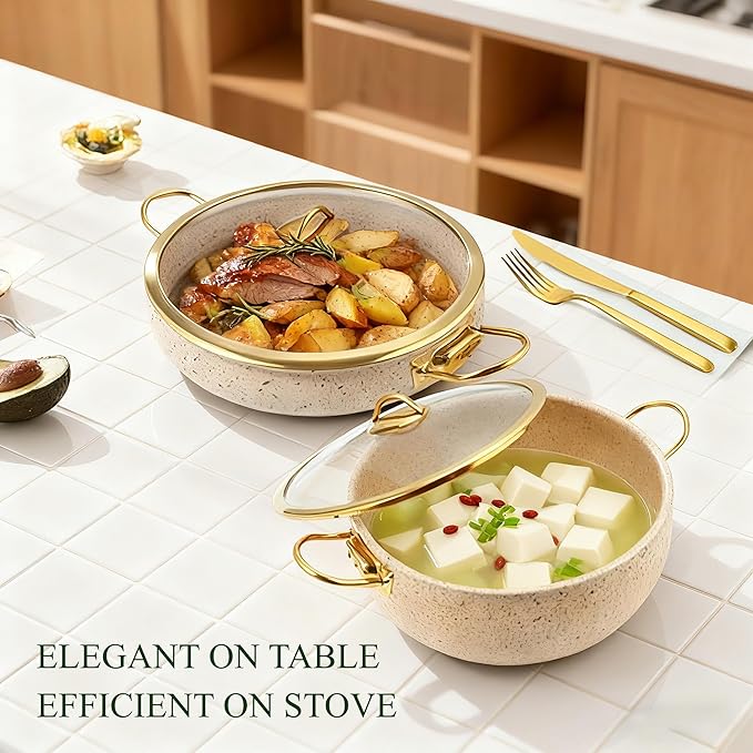 Fully Clad 5-Ply Stainless Steel Cookware Set, 12Pcs Nonstick Pots and Pans Set with Stay-Cool Handles, Induction Compatible, Stackble Design, Includes with Frying Pan, Saucepans and Saute Pan (Beige)