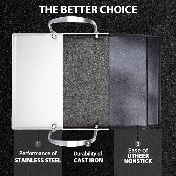 Utheer 16.5" x 10" Ceramic Nonstick Stainless Steel Griddle for Gas, Charcoal & Grill, Large Stove Top Griddle, Non-Toxic, PFAS/PFOA/PTFE Free, Oven Up to 500°F, for BBQ, Camping & Kitchen