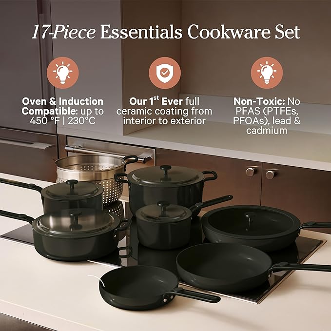 Our Place 17-Piece Essentials Complete Cookware Set - Ceramic Fry Pans, Saucepans, Sauté Pan, Stock Pot, Strainer Basket & Modular Storage | Thermakind™ Nonstick, Oven Safe up to 450°F | Char