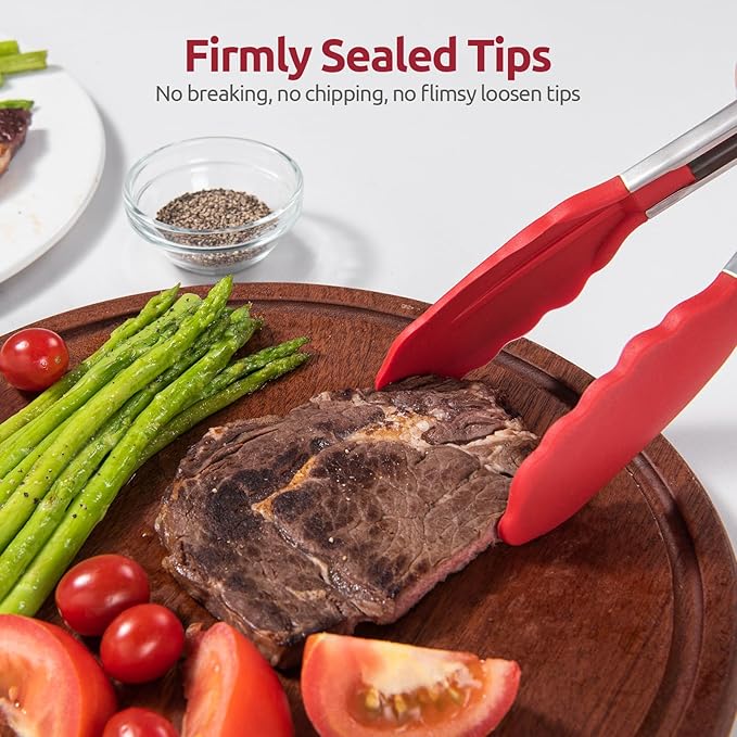 600ºF Heat Resistant Kitchen Tongs: U-Taste 9+12 inch Silicone Cooking Tong Set with Firm Sealed Non Stick Rubber Tips and Silicon Coated 18/8 Stainless Steel Handle for Serving Grilling Salad(Red)