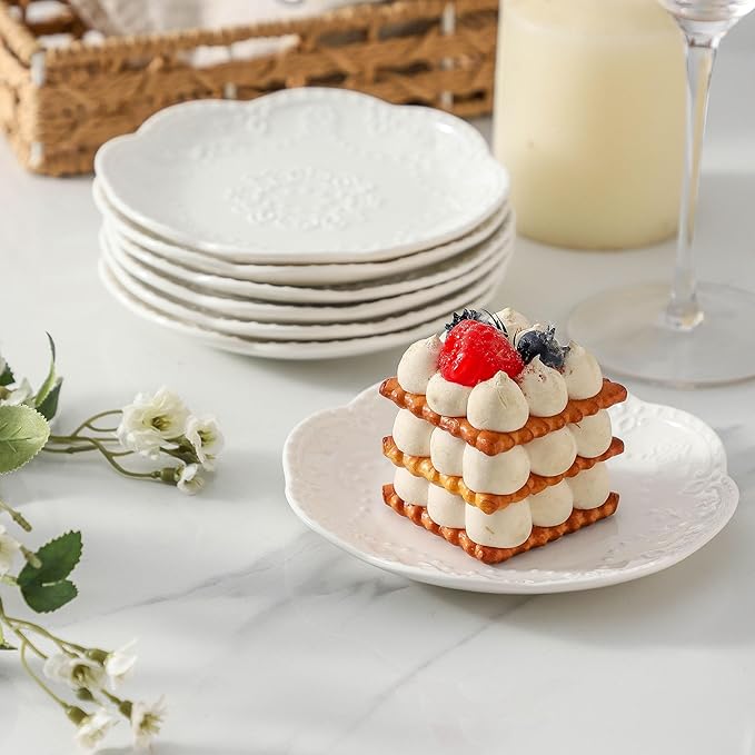 Neaylfe 8-Piece Embossed Ceramic Appetizer & Dessert Plates, 6 Inch White Mini Dinner Plates Set, Lightweight Small Ceramic Plates for Dessert, Cake, Snack, Waffles