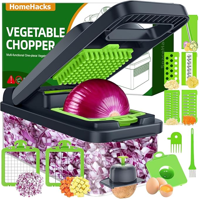 HomeHacks Vegetable Chopper Vegetable Cutter, 12 in 1 Kitchen Gadget, Dicer, Slicer, Onion Cutter, Salad, Cheese Grater & Egg Separator - Multi-Functional Veggie Chopper Lid with Handle (Grey)