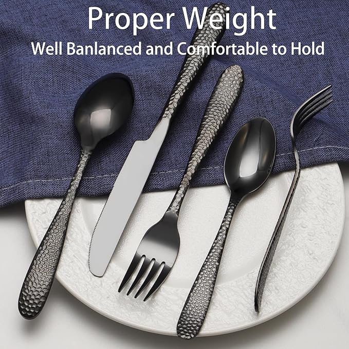 Black Hammered Silverware Set, 40 Piece Stainless Steel Heavy Duty Flatware Set for 8, Food-Grade Tableware Cutlery Set for Home Restaurant, Mirror Polished, Dishwasher Safe