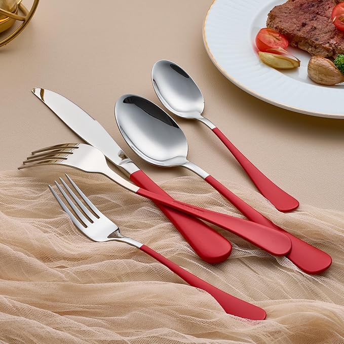 20-Piece Red Silverware Set for 4, 18/0 Stainless Steel Flatware Cutlery Utensils Set, Include Dinner Knives,Dinner Forks,Dinner Spoons,Salad Forks,Teaspoons,Dishwasher Safe