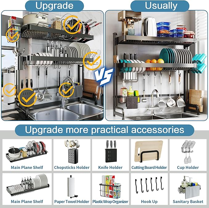 Over The Sink Dish Drying Rack,3 Tier Adjustable Length Full Stainless Steel Large Storage Kitchen Dish Rack,for Kitchen Counter Expandable Multifunctional Organizers,Silver (25.5'' to 37.6'')