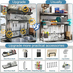 Over The Sink Dish Drying Rack,3 Tier Adjustable Length Full Stainless Steel Large Storage Kitchen Dish Rack,for Kitchen Counter Expandable Multifunctional Organizers,Silver (25.5'' to 37.6'')