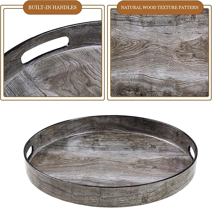 MAONAME 13" Round Decorative Tray, Plastic Tray with Handles, Coffee Table Trays, Serving Trays for Ottoman, Bathroom, Kitchen (Sticker Wood Grain)
