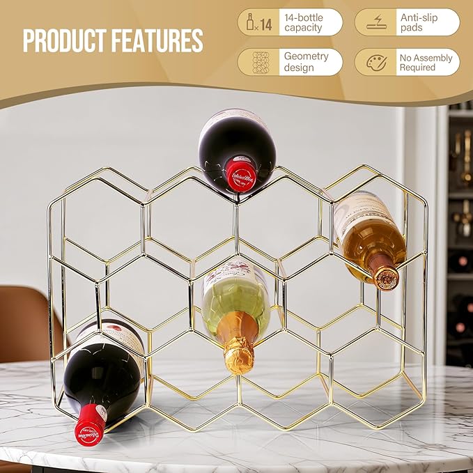 Countertop Wine Rack-14 Bottles Gold Wine Rack-No Assembly Required-3 Tier Tabletop Wine Bottle Holder for Cabinet
