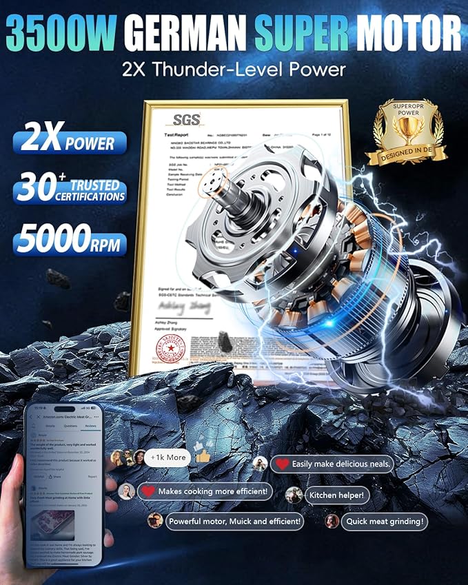 5.0 Upgrade Electric Meat Grinder【NO.1 Germany 3500W Super Motor】【SGS Certified SUS304 Blade & Plate】3-Second Fast Meat Grinding, Perfect For Meat Grinders For Home Use (SILVER)