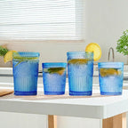 12pcs Vintage Drinking Glasses Set, 12 oz Highball Glasses & 9 oz Embossed Ribbed Glassware Cups for Cocktail, Water, Juice, Coffee, Whiskey (Blue)