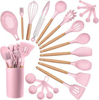 HaWare Kitchen Cooking Utensils Set, 23-Piece Silicone Kitchen Utensils Spatula Set with Holder, Heat Resistant Wooden Handle Kitchen Gadget for Nonstick Cookware, Food-grade Turner Spoon Sets (Pink)