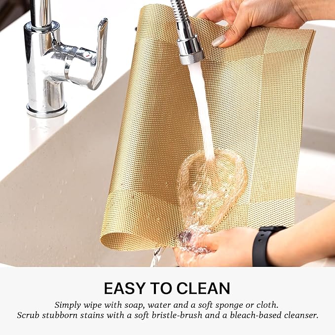 LEXMORE PlaceMats Set of 12 Vinyl/Plastic Woven Place Mats for Kitchen Table Indoor/Outdoor Washable PlaceMat Wipeable Dining Table Mats(Gold Cube)