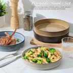 E-far Pasta Bowls Set of 4, 35oz Large Salad Bowl Plate for Dinner Serving Soup, Wide & Shallow Ceramic Stoneware Pasta Plates, Microwave & Dishwasher Safe, Reactive Glaze Textured Stripes, Multicolor