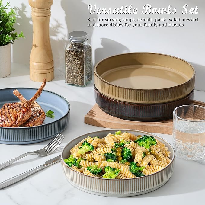 E-far Pasta Bowls Set of 4, 35oz Large Salad Bowl Plate for Dinner Serving Soup, Wide & Shallow Ceramic Stoneware Pasta Plates, Microwave & Dishwasher Safe, Reactive Glaze Textured Stripes, Multicolor