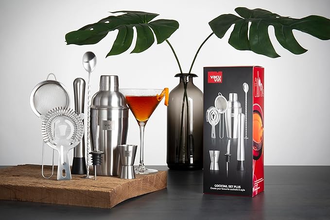 Vacu Vin Cocktail Set Plus – 7-Piece Bartender Kit with Stainless Steel Tools – Includes Shaker, Jigger, Muddler, Strainer, Pourer, Sieve, and Bar Spoon – Dishwasher Safe Home Bar Set