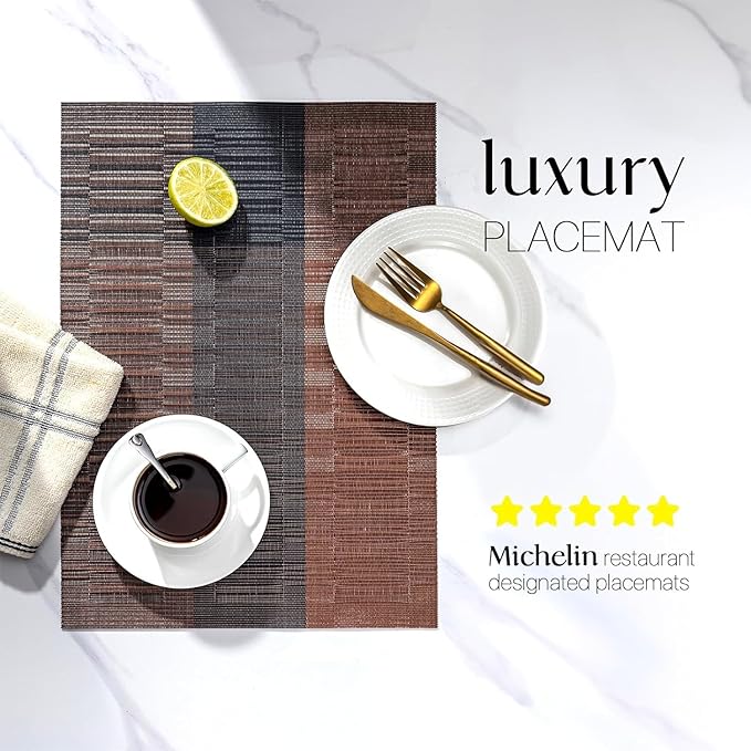 LEXMORE PlaceMats Set of 12 Vinyl/Plastic Woven Place Mats for Kitchen Table Indoor/Outdoor Washable PlaceMat Wipeable Dining Table Mats(Ombre Brown Black)
