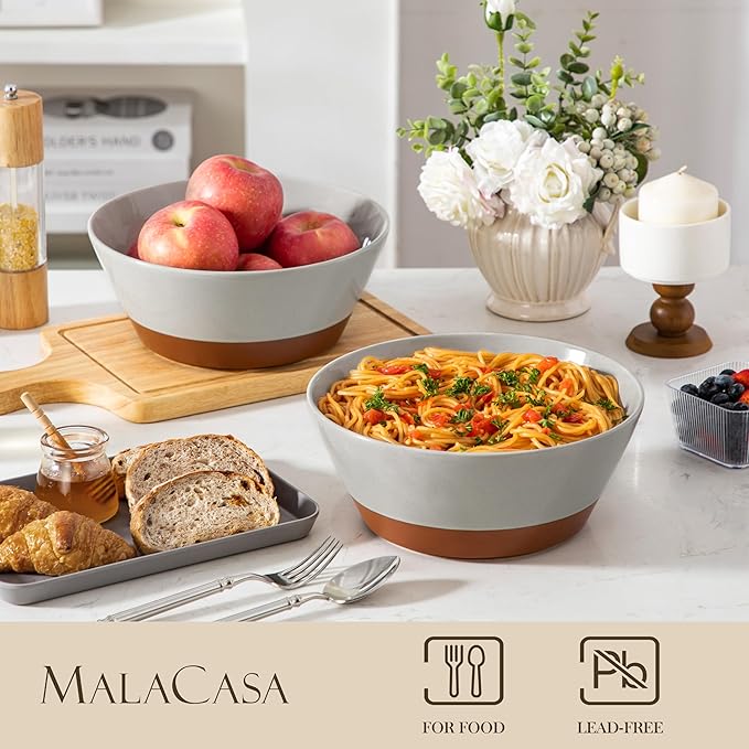MALACASA Serving Bowls, 105oz Large Salad Bowls for Party, Entertaining, Big Ceramic Bowls for Soup, Fruit and Pho, 2-Pc Wide Bowl Set, Grey & Brown