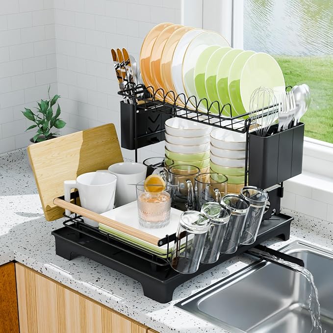 2 Tier Dish Drying Rack, Drying Rack with Automatic Drainboard, Dish Racks for Kitchen Counter, Rustproof Dish Drainer with Removable Utensil Holder, Cups Holder,Black