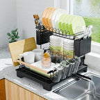 2 Tier Dish Drying Rack, Drying Rack with Automatic Drainboard, Dish Racks for Kitchen Counter, Rustproof Dish Drainer with Removable Utensil Holder, Cups Holder,Black