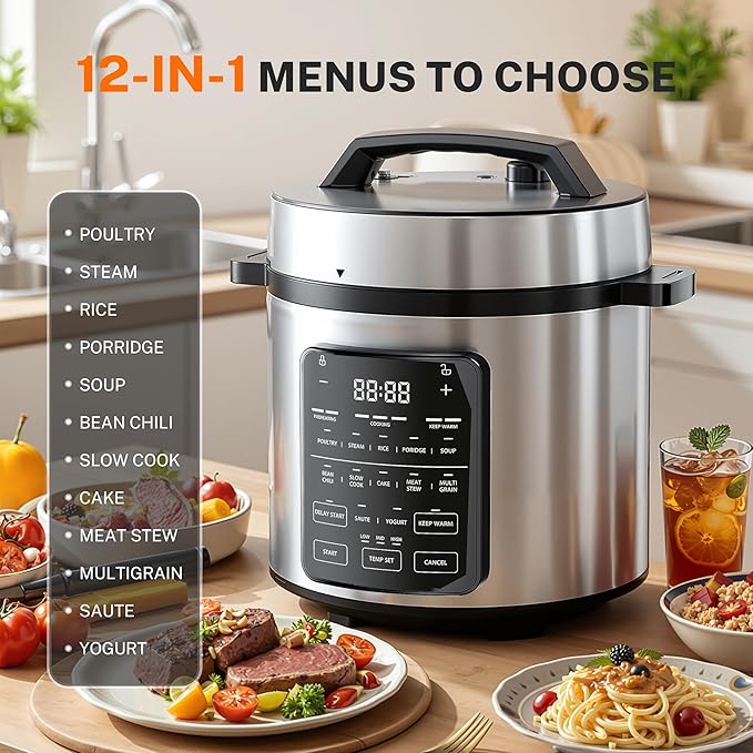 Simple Deluxe 12-in-1 Electric Pressure Cooker, 6QT Stainless Steel & Non-Stick Multi Cooker for Slow Cook, Meat Stew, Cake, Porridge, Multigrain, Dishwasher Safe, Silver