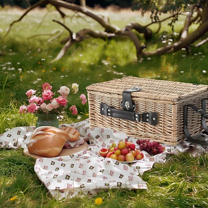 Picnic Basket Set for 4 with Waterproof Blanket Mat Insulation Bag Wicker Classic White Black Polka Dots Elegant Gift for Wedding Birthday Summer Camp Outdoor Camping Beach Travel Christmas
