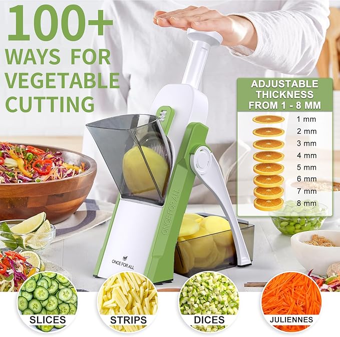 ONCE FOR ALL Safe Mandoline Slicer, Multi Vegetable Chopper, Potato Slicer for Kitchen, 4 Modes 100+ Presets Adjustable Thickness, French Fry Cutter (5 in 1 Green)