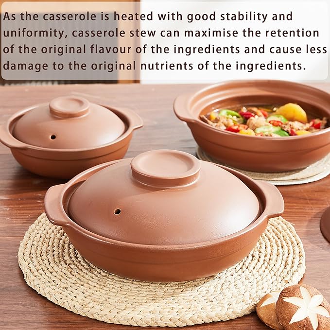 Unglazed Terracotta Ceramic Casserole Dish, Clay Pot, Earthen Pot Cookware with Lid for Dinner and Party, Stockpot for Rice Hot Pot, Stew, Bakeand Serve Oven Safe-Heat Resistant (1.3QT/1.4L)