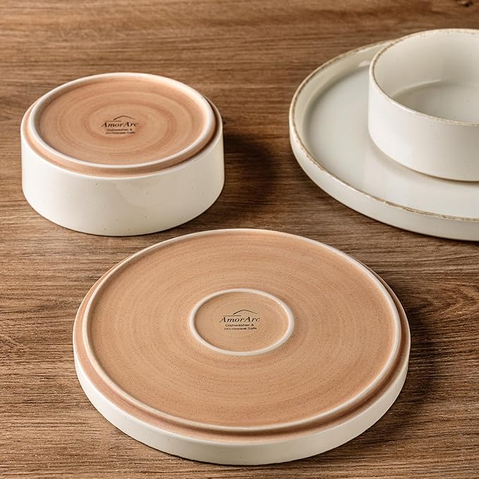 AmorArc Ceramic Dinnerware Sets for 4, 12 Pieces Handpainted Plates and Bowls Set with Rustic Terracotta Underside, Scratch Resistant Stoneware Dishes Set, Dishwasher & Microwave Safe