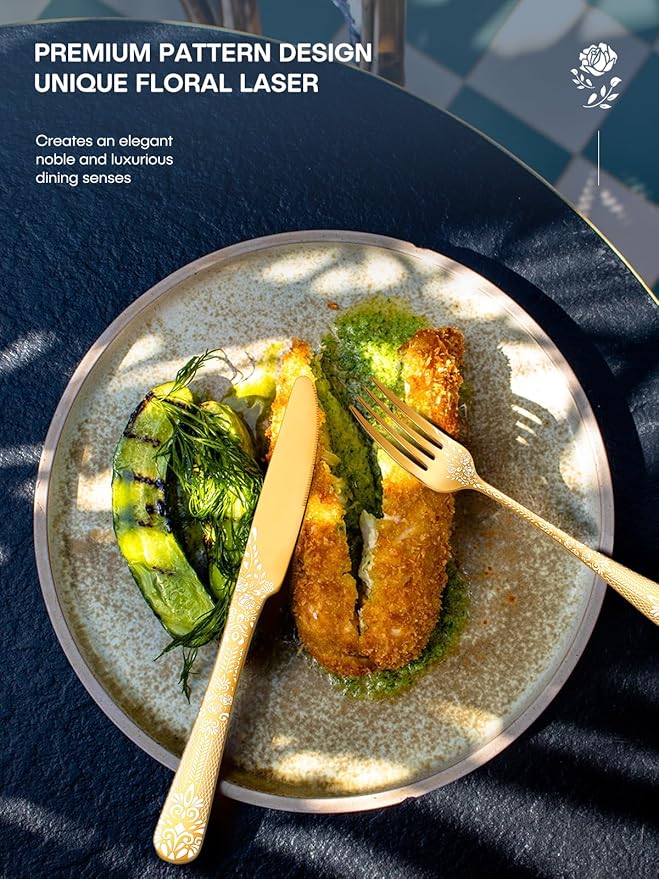 EUIRIO 24-Piece Gold Silverware Set with Steak Knives, Stainless Steel Flatware Set for 4, Mirror Gold Cutlery with Unique Floral Laser, Includes Spoons, Forks, Knives, Dishwasher Safe