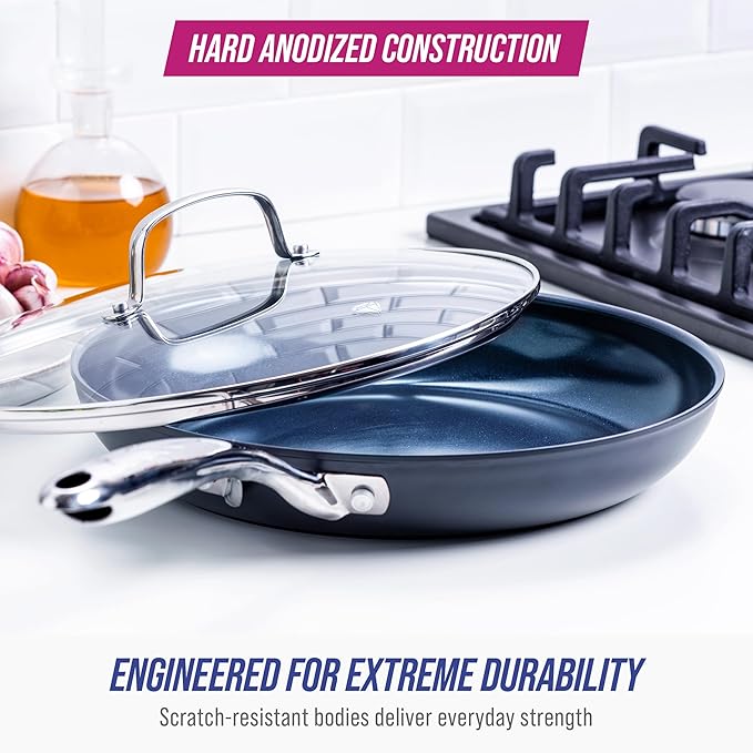 Blue Diamond Cookware Hard Anodized Ceramic Nonstick, 11" Frying Pan Skillet with Lid, PFAS-Free, Dishwasher Safe, Oven Safe, Grey