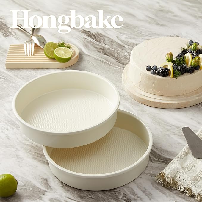 HONGBAKE 9 Inch Round Cake Pan Set of 2, Nonstick Ceramic Coating Cake Molds with Diamond Texture, Aluminized Steel Cake Pans Sets for Baking & Cheesecake, Heavy Duty & Non-Toxic (Cream, 2PCS)