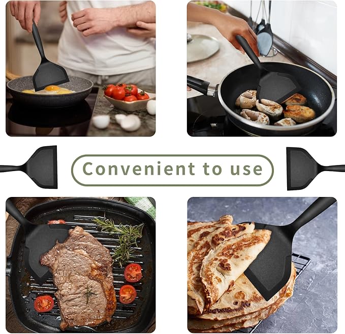 Dioycli Silicone Spatula Turner Wide pancake flipper, Non Stick Egg Flipper Spatula Bpa Free Tamagoyaki, Black, 2 Pieces for Cake Egg Pizza Steak Fish
