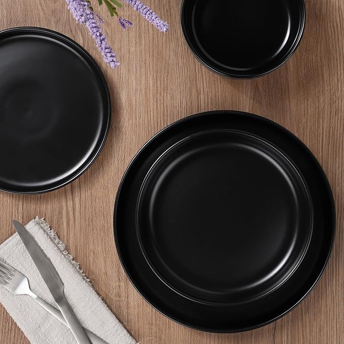 HaWare 16-Piece Plates and Bowls Set for 4, Stoneware Dinnerware Sets with Pasta Bowl, Dishes Set for Home Restaurant, Frosting Black