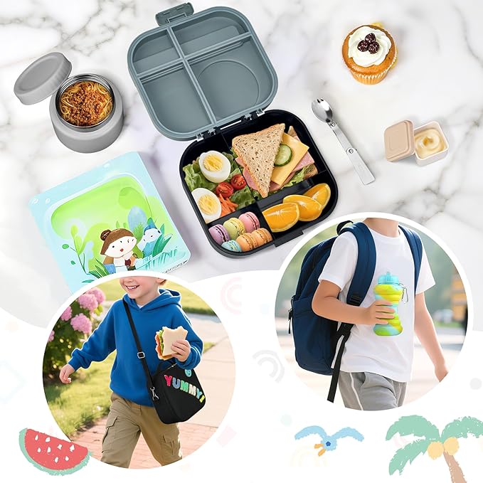 Kids Bento Lunch Box with 12oz Soup Thermo, Kids Leakproof Lunch Food Container with 4 Compartments, Insulated Lunch Bag & Water Cup for Girls Boys to School Travel