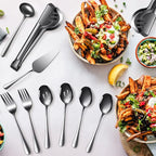 Patelai Serving Utensils Set Include Stainless Steel Large Spoons Slotted Spoons Forks Tongs Soup Ladle and Pie Server for Parties Buffet Catering, Dishwasher Safe(Black,10 Pieces)