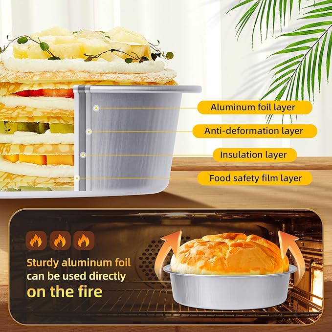 Beasea Mini Pie Pans with Lids, 120 Pack 4 Inch 8oz Disposable Mini Cake Pans Creme Brulee Aluminum Foil Pie Tart Ramekins Tins Silver Small Individual Round Containers Oven Safe for Baking