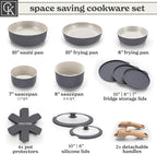 Country Kitchen Cookware Set with Removable Handle, Oven & RV Safe Pots and Pans Set, Grey/Ivory Wood Handle, Original