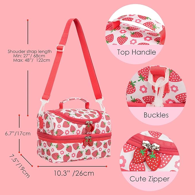 Insulated Kids Dual Compartment Lunch Bags Tote for Girls Boys Toddler Lunch Boxes Pre-School Toddler Kindergarten Picnic Camp Food Cooler Thermal with Strap (Bright Strawberry)