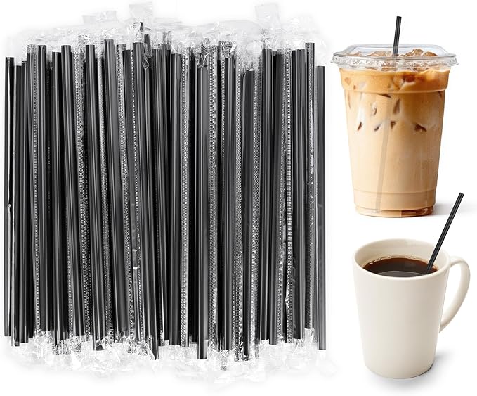 [Individually Wrapped] 600 Pcs Plastic Black Coffee Stirrers - 7 Inch Length 0.23 Inch Diameter Disposable Coffee Stir Sticks Straws for 12 oz 16 oz Cups Bar Cocktail Restaurant Supplies