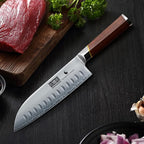 7 Inch Santoku Knife，Professional Japanese High Carbon Steel Chef Knife, Razor Sharp Kitchen Knife with Ergonomic Red Sandal Wooden Handle - Gift Box