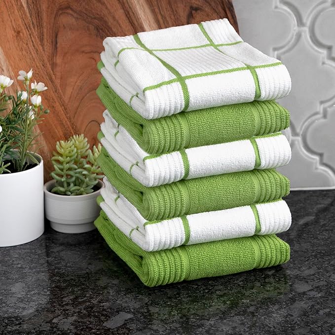 T-fal Solid & Checked Parquet Kitchen Towels: Highly Absorbent, Super Soft Long Lasting - 100% Cotton, 16"x26" Dish Towels for Cleaning & Drying Dishes, Pans, Glassware, Countertops, 6-Pack, Green